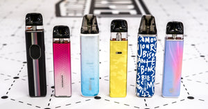 Vaporesso XROS and OXVA Xlim vape devices in different colors and designs arranged in a row.