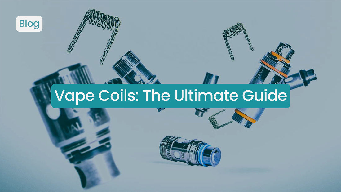 Vape coils and accessories with text overlay: "Vape Coils: The Ultimate Guide.