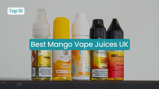 Bottles of mango vape juices with text overlay "Best Mango Vape Juices UK.