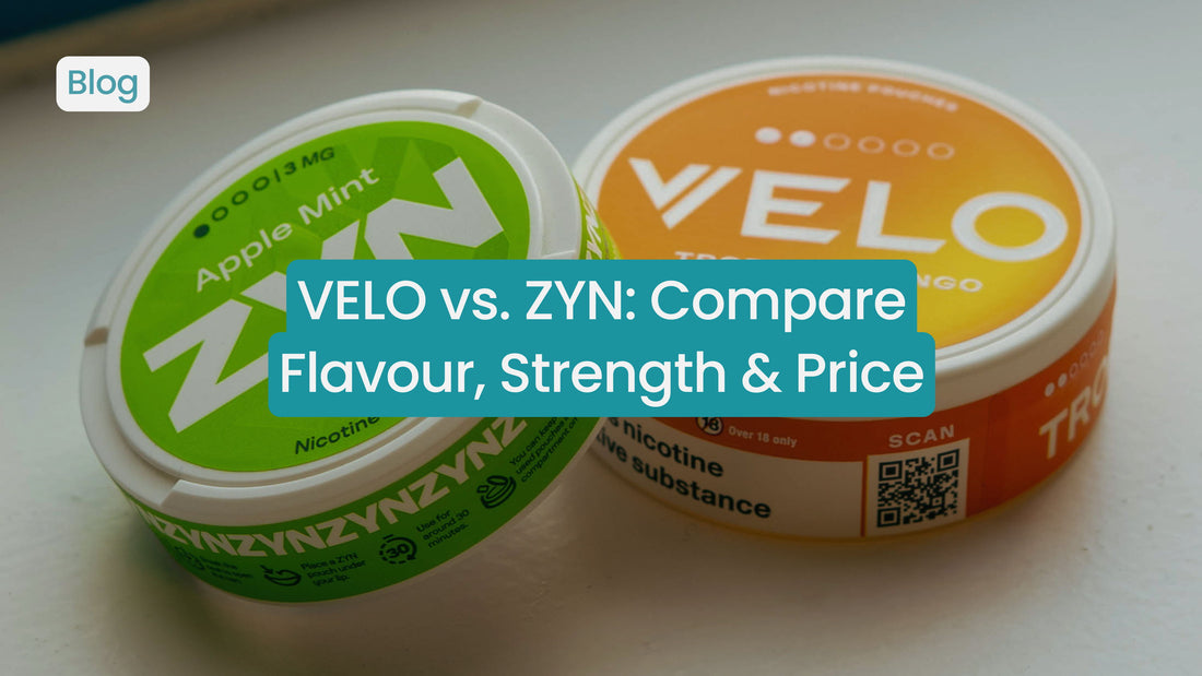 Two containers of VELO and ZYN, comparing flavor, strength, and price.