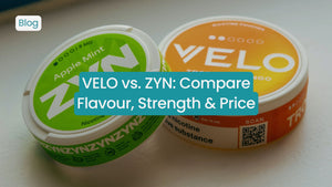 Two containers of VELO and ZYN, comparing flavor, strength, and price.