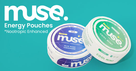Muse Energy pouches, nootropic enhanced, featuring two containers on a teal background.