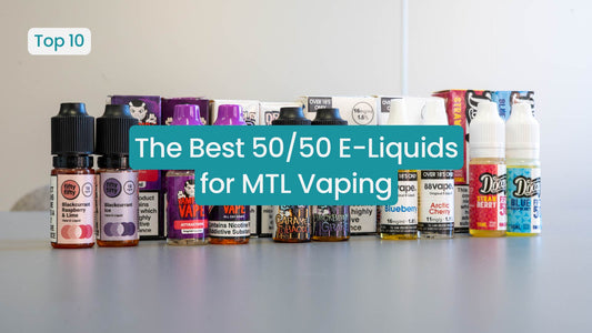 Bottles of e-liquids for MTL vaping with title overlay.
