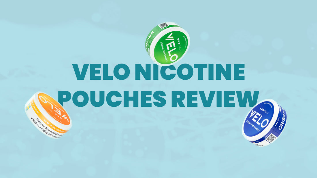 Velo nicotine pouches in various flavors with review text.