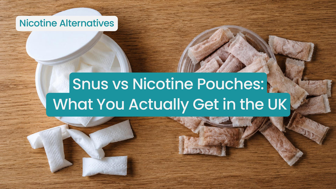 Snus and nicotine pouches comparison with text overlay.