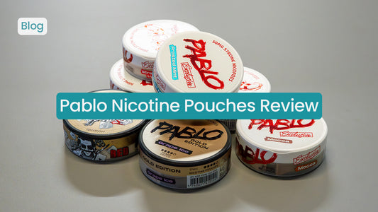 Pablo nicotine pouches stacked with review text overlay.