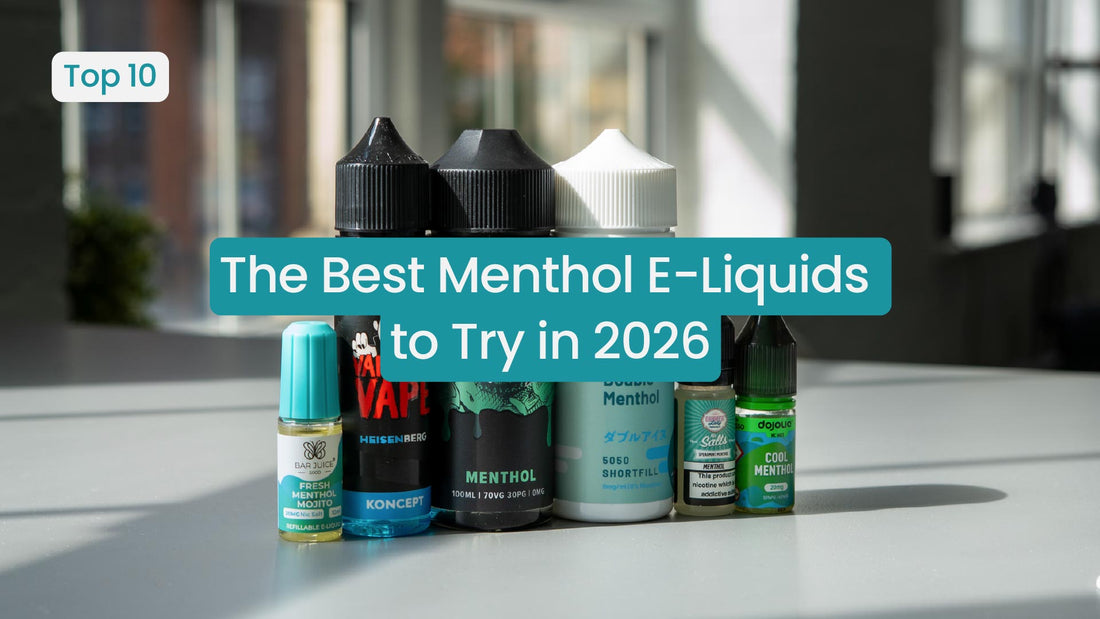 Bottles of menthol e-liquids with text overlay for 2026 recommendations.