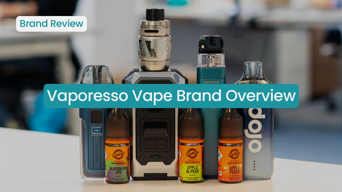 Vaporesso vape products with branding and e-liquid bottles displayed.