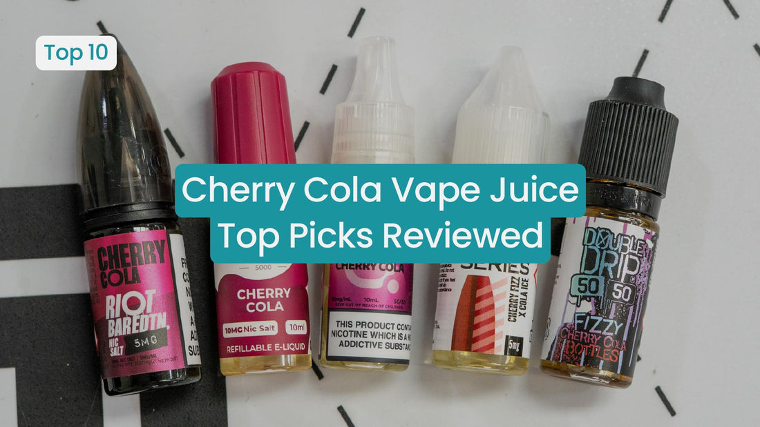 Cherry Cola vape juice bottles with review title overlay.