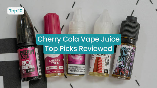 Cherry Cola vape juice bottles with review title overlay.