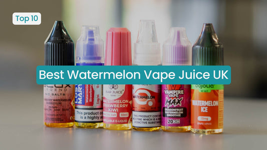 Bottles of watermelon vape juice with text overlay.