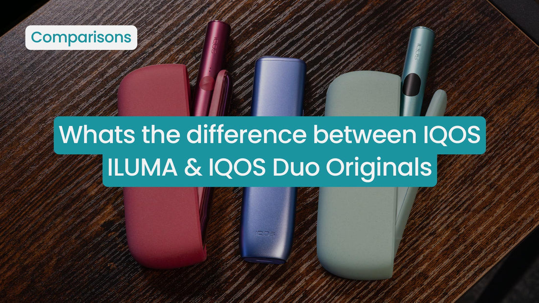 IQOS devices comparison: ILUMA and Duo Originals on a wooden surface.