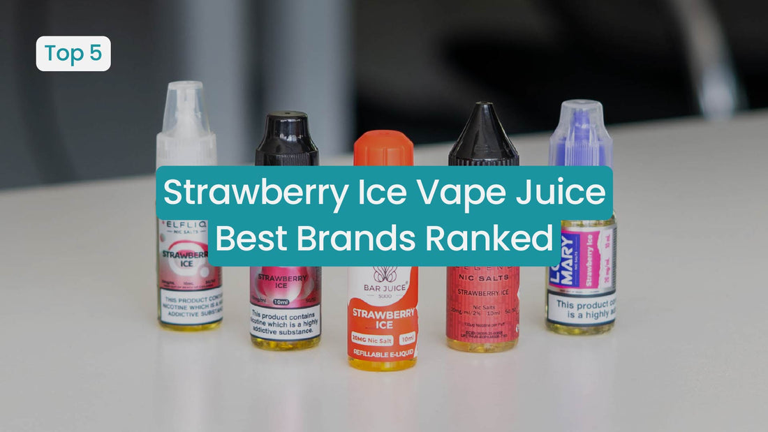Bottles of strawberry ice vape juice with ranking text displayed.