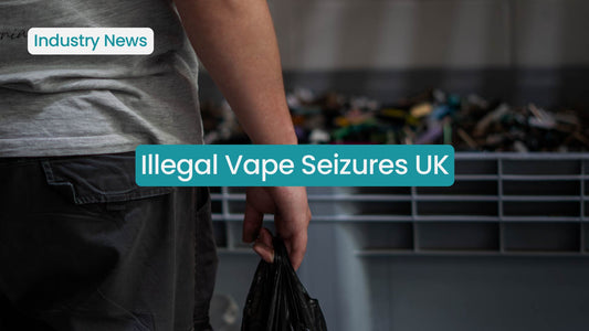 Person holding a bag near a collection of seized vapes in the UK.