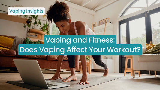 Woman exercising near a laptop with text about vaping and fitness.