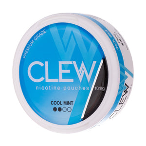 A round container of Clew Premium Grade nicotine pouches in Cool Mint flavor, 10mg strength, with a blue and white label.