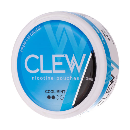A round container of Clew Premium Grade nicotine pouches in Cool Mint flavor, 10mg strength, with a blue and white label.