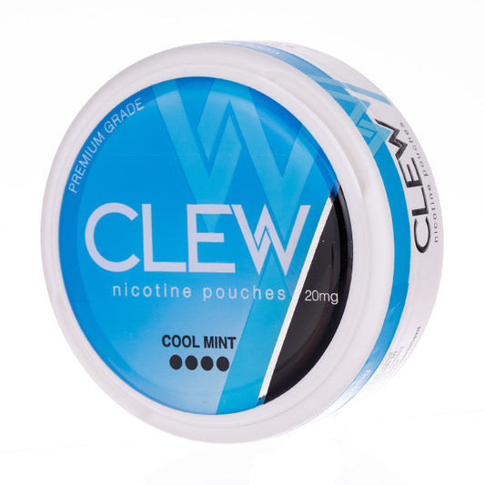 A round white plastic tub of Clew Nicotine Pouches in Cool Mint, 20mg strength, featuring a blue and white label with the brand name 'CLEW' in large white letters.