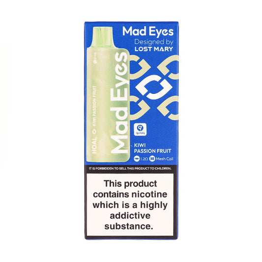 A Boxed Mad Eyes HOAL Disposable Vape in Kiwi Passion Fruit Flavour