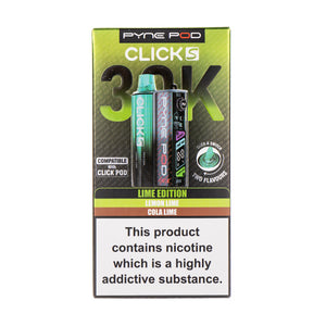 Packaging of Pyne Pod Click s 30K lime edition vape devices on a white background.