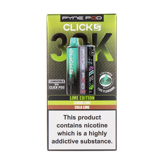 Packaging of Pyne Pod Click s 30K lime edition vape devices on a white background.