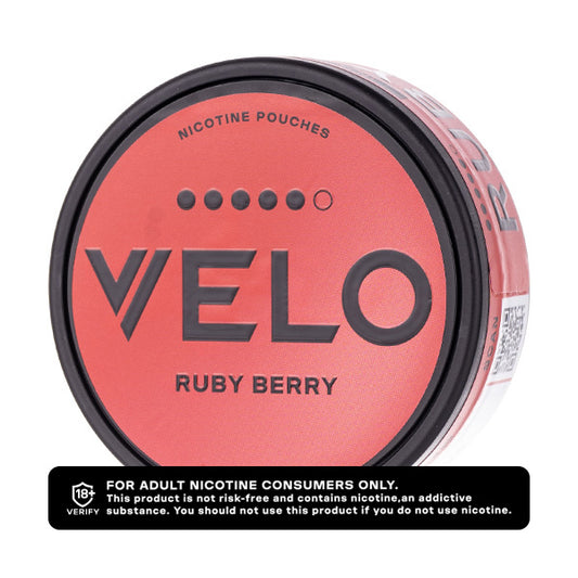 A round tin of VEO Ruby Berry nicotine pouches on a white background, with a black warning label at the bottom.