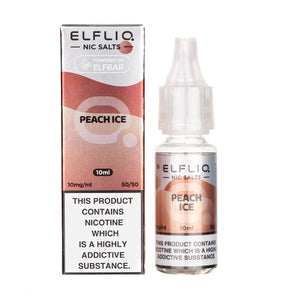 Box and Bottle of ELFLIQ's Peach Ice Nicotine Salt E-Liquid in 10mg Strength