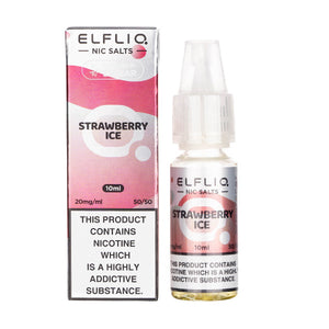 Box and Bottle of ELFLIQ's Strawberry Ice Nicotine Salt E-Liquid in 20mg Strength